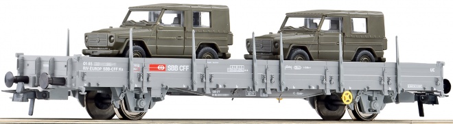 Flat car with 2 Swiss army vehicles PUCH G<br /><a href='images/pictures/Roco/161478.jpg' target='_blank'>Full size image</a>